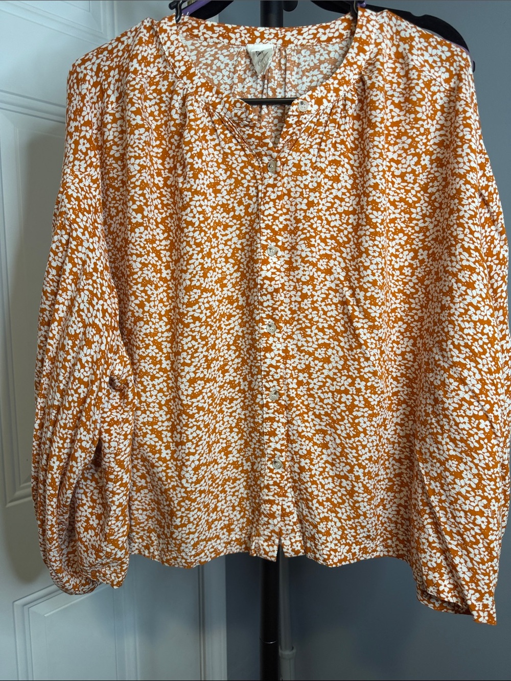 Floral Button-Front Blouse in Mustard and White